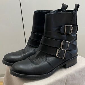 Black Leather Buckle Ankle Boots